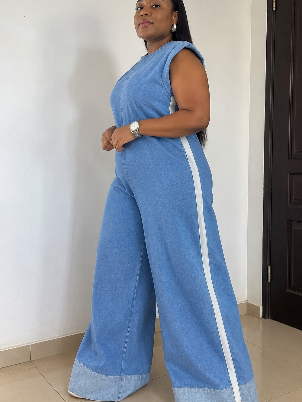 Sleeveless Wide-Leg Denim Jumpsuit in Light Blue
